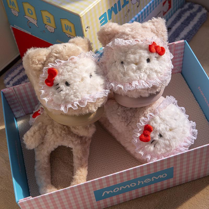 Women’s Cute Cartoon KT Cat Cotton Slippers - Sanrio Furry Plush, Heel-Covered Winter 2025