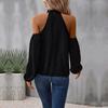 Camisa negra ahuecada de manga larga para mujer, blusa Sexy con hombros descubiertos, Tops informales holgados con cuello Halter a la moda para oficina para mujer 30145