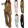 2 Pcs/Set Women Coat Pants Set Lapel Single Button Mid Length Cardigan Sleeveless Jacket Wide Leg High Waist Straight Trousers Lady Formal Commute