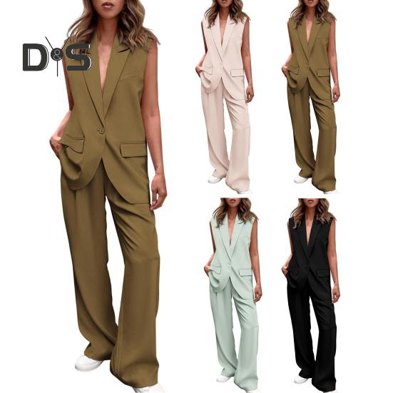 2 Pcs/Set Women Coat Pants Set Lapel Single Button Mid Length Cardigan Sleeveless Jacket Wide Leg High Waist Straight Trousers Lady Formal Commute