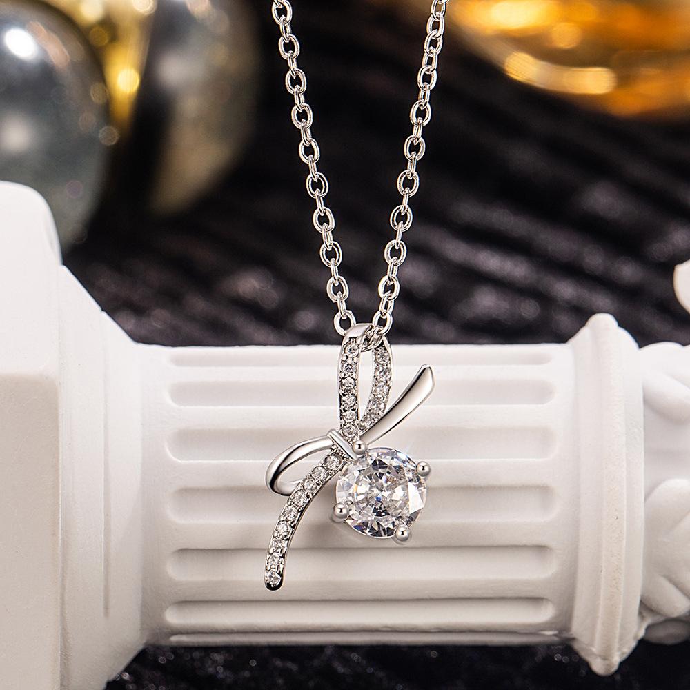 925 Sterling Silver Fashion Light Luxury Bow Zircon Pendant Necklace Birthday Party Anniversary Gift