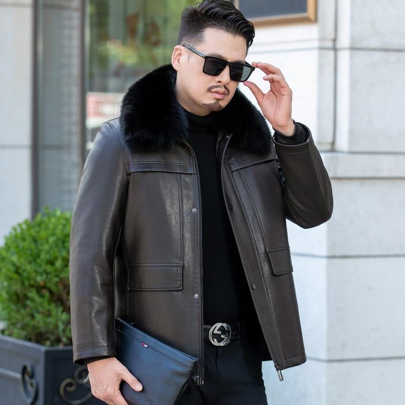

Мужская кожаная куртка среднего возраста с меховым воротником, утолщенная съемная подстежка, зимняя куртка из плотной кожи 195