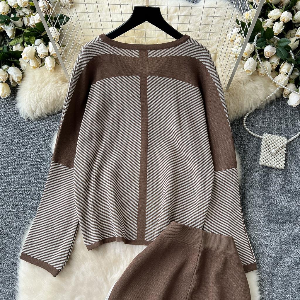 Autumn Winter Women Casual Striped Knitted Sweater Trouser Two Piece Set V-neck Pullover Tops and Wide Leg Pant Tracksuit