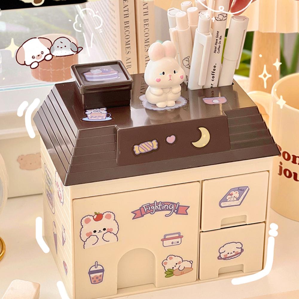 Transparent Desktop Storage Box Creative Small House Pen Holder Student Kawaii Stationery Cosmetic Organizer Rack Drawer Cute