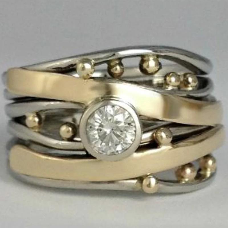 

Huitan New Trendy Women Two Tone Metal Rings Creative Design Daily Wear Party Statement Accessories Cubic Zirconia Chic Zircon 6
