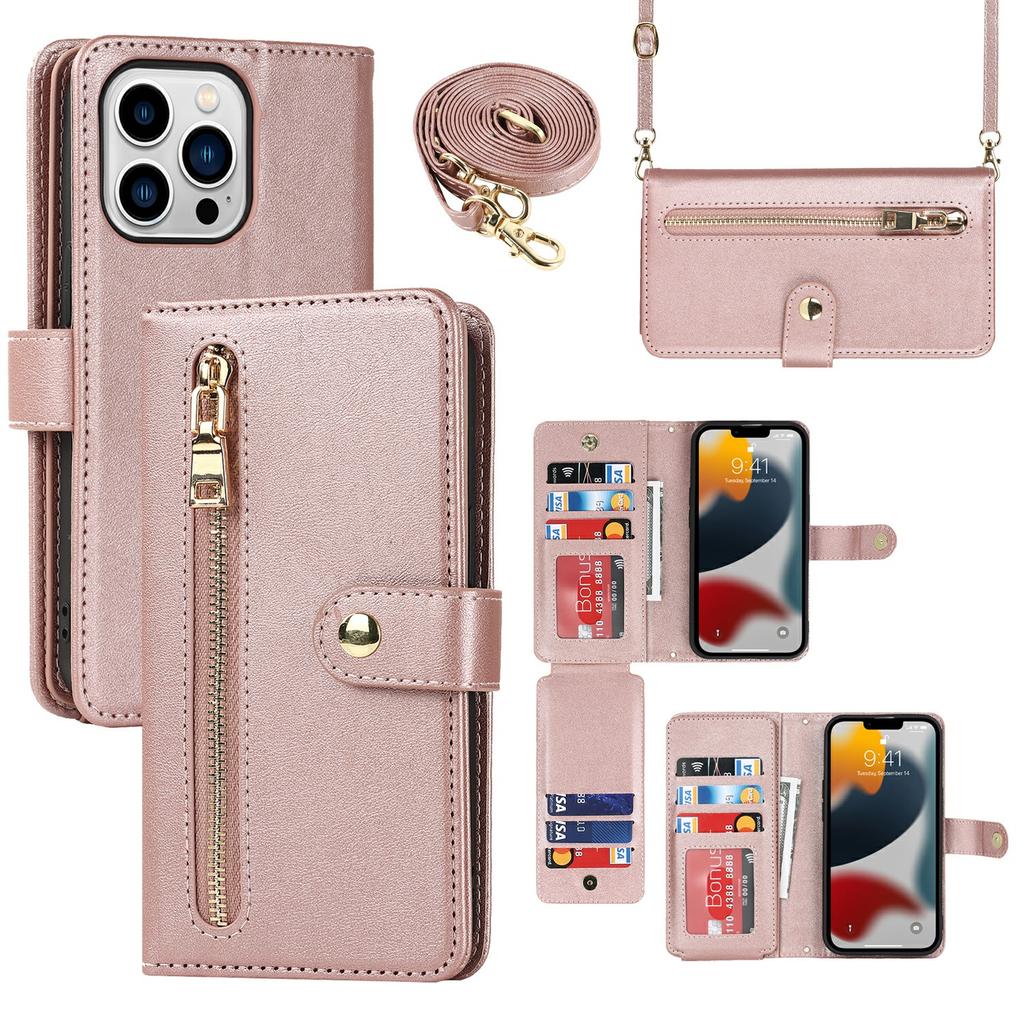 For iPhone 13 Pro Stand Case PU Leather Phone Cover with Straps/Zipper Wallet/Multiple Card Slots
