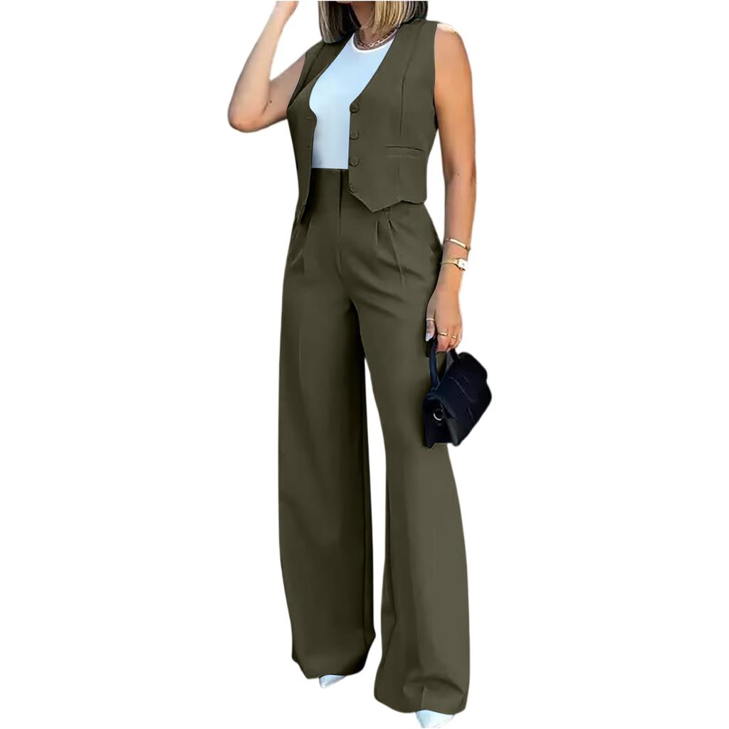 Women's Fashion Suit Vest and Wide Leg Pants Set Sleeveless Blazer Style Vest with High Waist Wide Leg Trousers Casual Two Piece Outfit