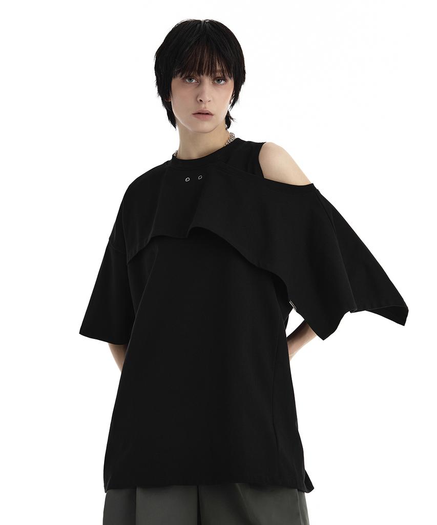 Teulimingbeodeu One-Sleeve Overlay Oversized T-Shirt [ Black ]