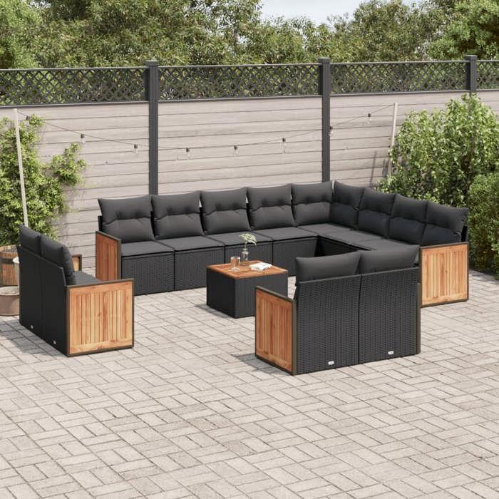 VidaXL Salon de Jardin avec Coussins 13 pcs, Canapés de Terrasse, Ensemble de Meubles de Patio, Mobilier d'Extérieur, Noir 3228197