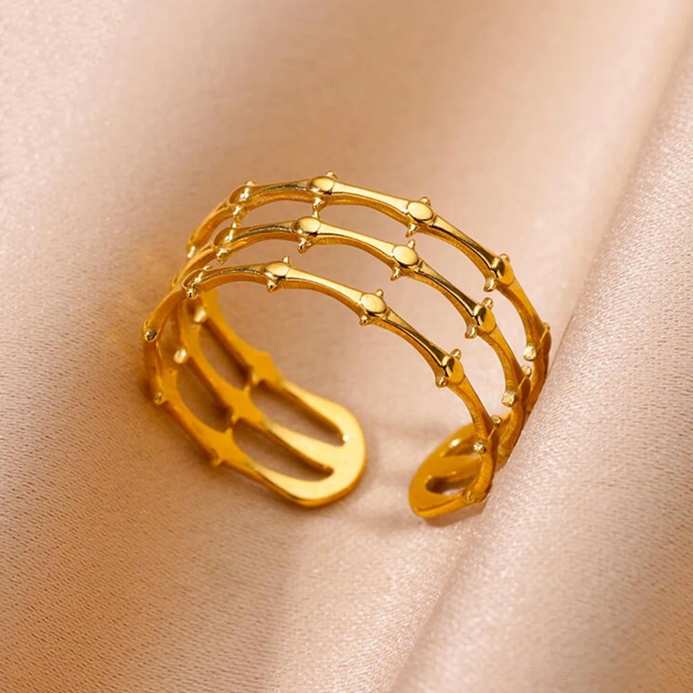 Stainless Steel Rings For Women Men Gold Color Hollow Wide Open Ring Female Male Fashion Wedding Party Finger Jewelry Gift