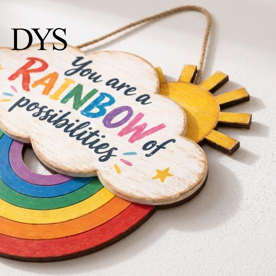 Cute Nursery Wall Art Boho Rainbow Sun Welcome Door Sign, Hanging Plaque Sign Solid Wood Decor with Inspirational Quote, Colorful Hanger for Bedroom,