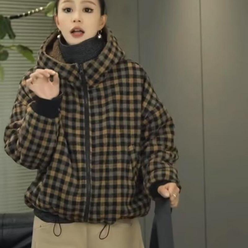 Cappotto di Cotone con Cappuccio e Stampa a Quadri Invernali 2025 con Velluto Plus - Giacca Casual, Elegante e Antietà per Donna