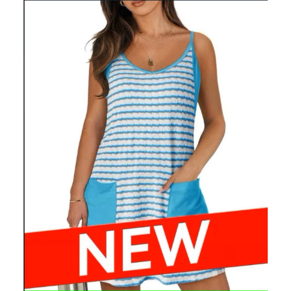 Women s V Neck Sleeveless Stripe Color Block Pocket Romper Short Jumpsuit S