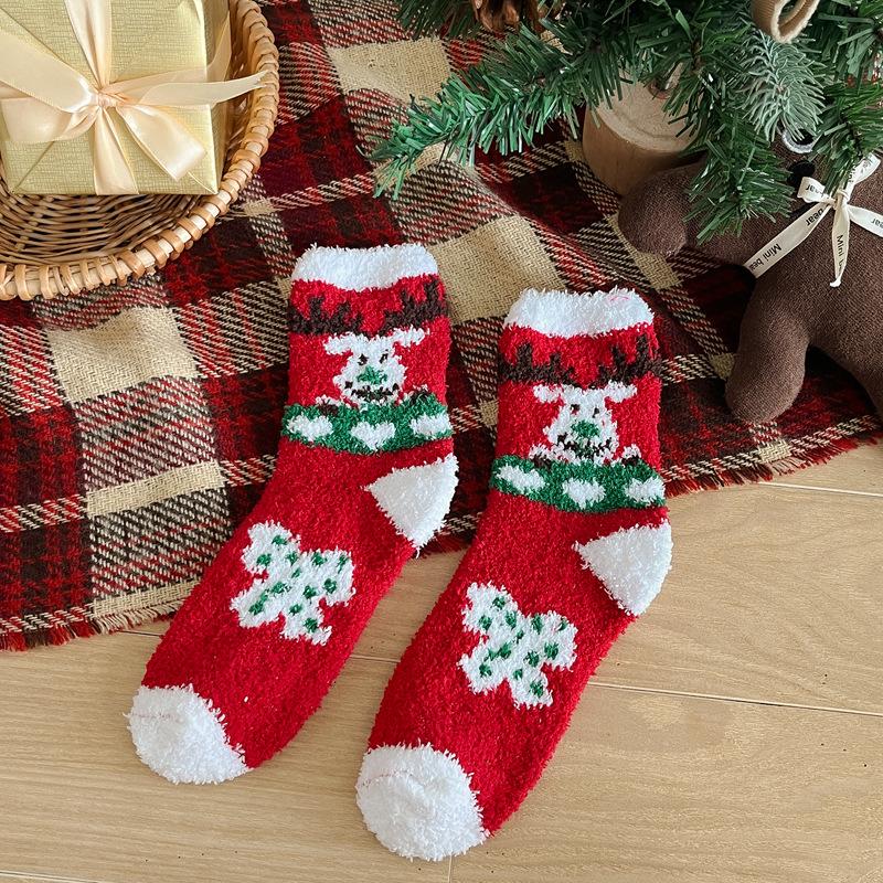 10Pair 24 Christmas Socks Women'S Coral Fleece Thickened Thermal Tube Socks Sleeping Socks Cartoon Half Fleece Floor Socks
