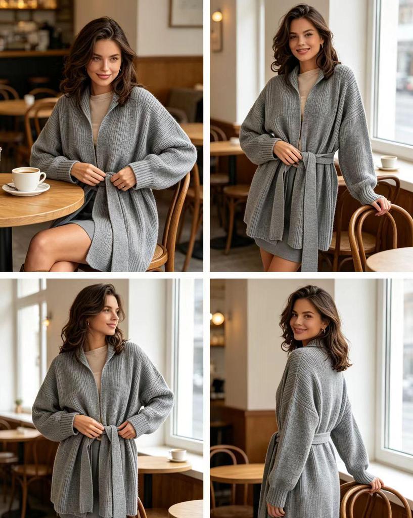European-Style Slim Fit Women's Mid-Length Knit Cardigan with Belt - Solid Color, Autumn/Winter Sweater Coat