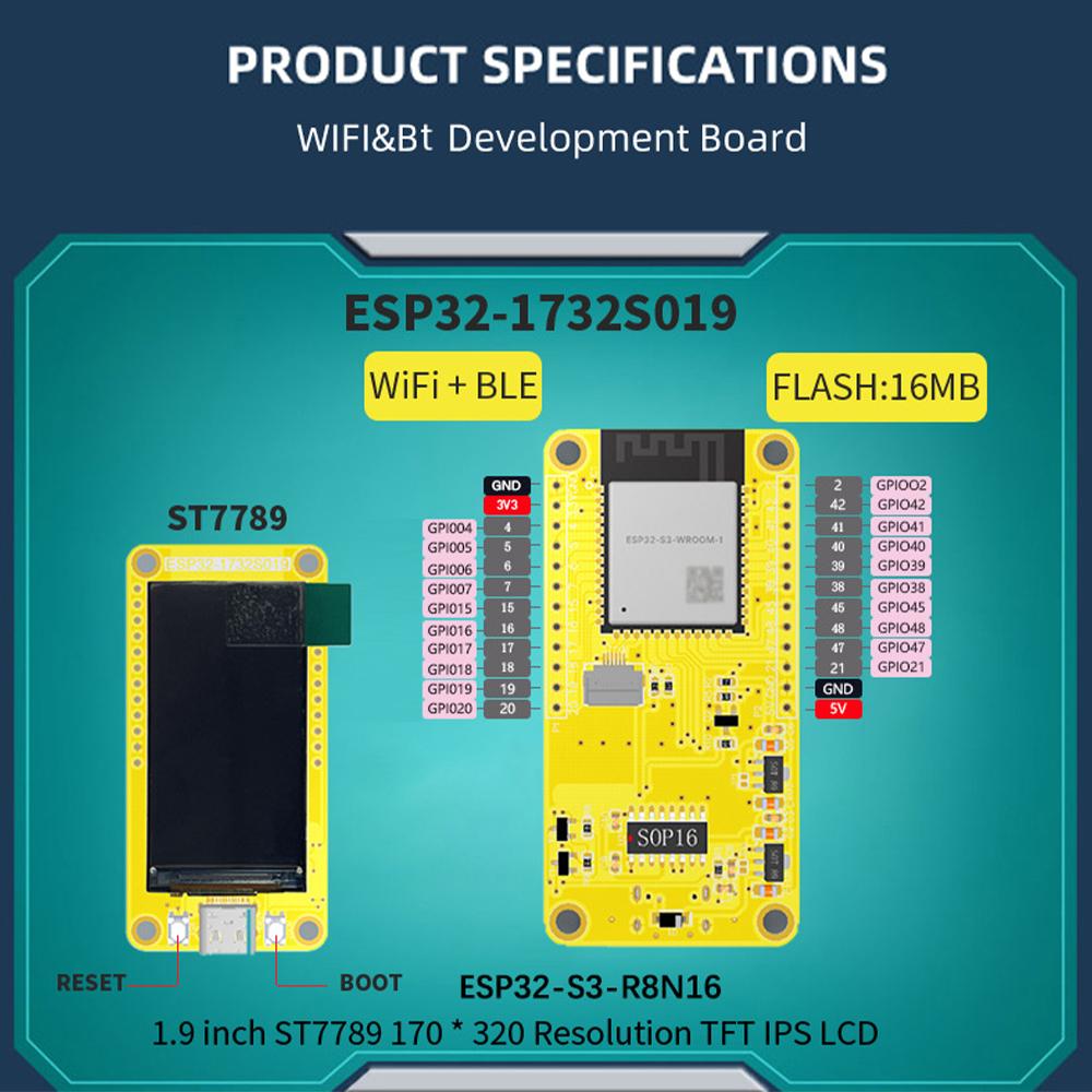 ESP32-S3 Development Board LCD TFT IPS Module WIFI+Bluetooth 8M PSRAM 16M Flash Type-C Interface ESP32 Development Board
