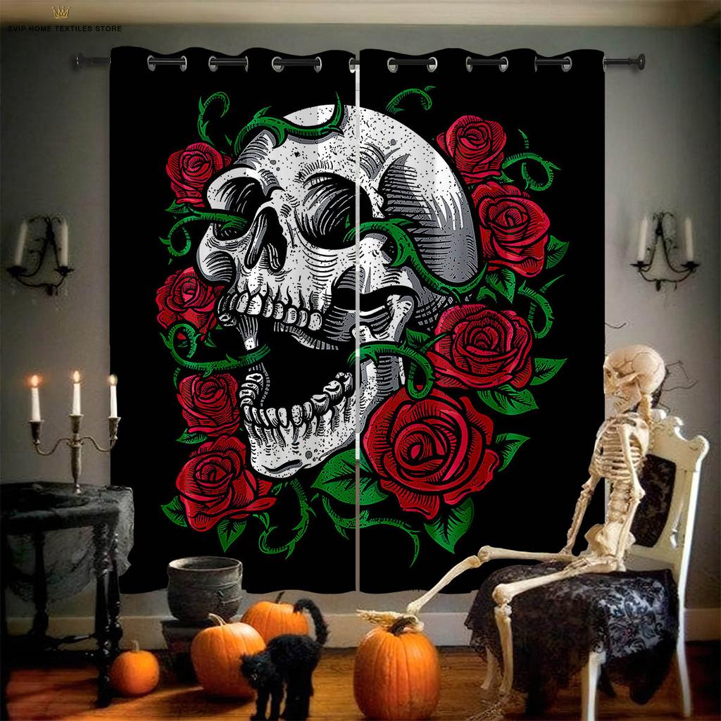 Blackout Curtains 3D Printed Floral Skull Print Curtains, Halloween, Gothic, Living Room, Dining Room, Holiday, Party Decoration