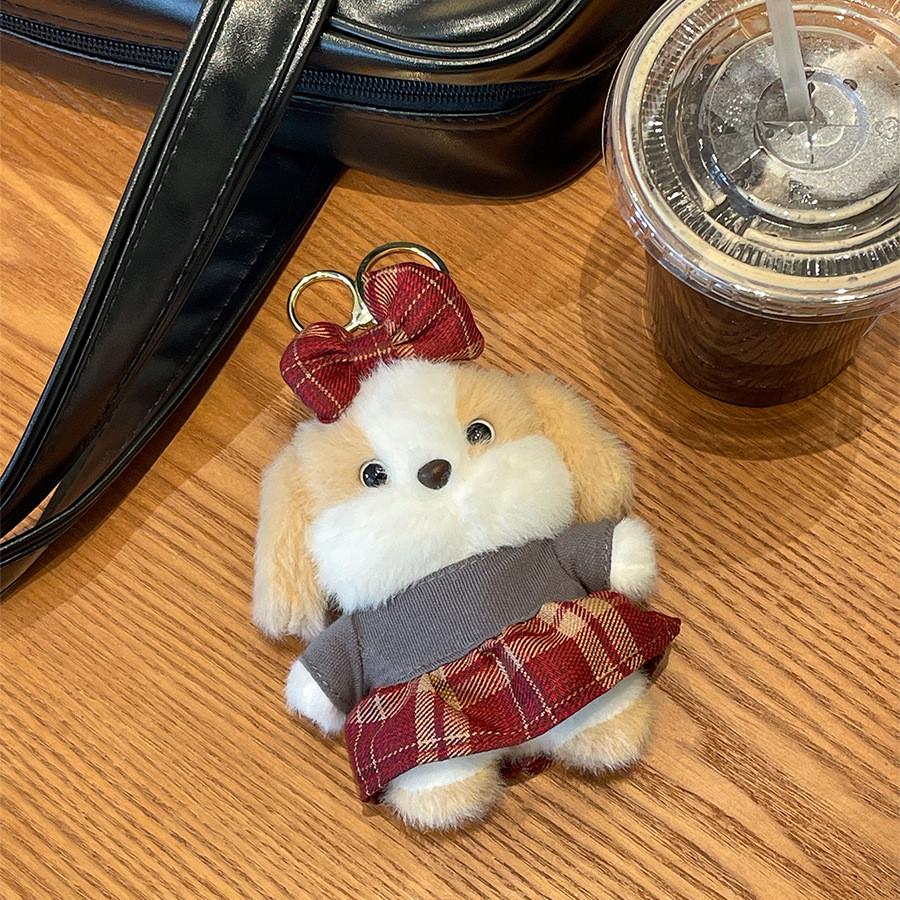 Plush Dog Keychain With Bowknot And Checkered Dress For Bag Decoration And Gifts