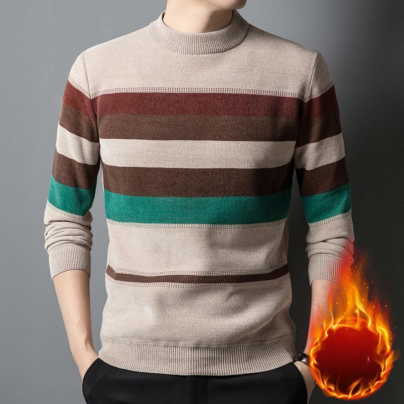 Winter Striped Crew Neck Sweater for Men - Casual Polyester Blend, Medium Stretch, Long Sleeve Knit Pullover with Rib-Knit Regular Fit Warm Sweater