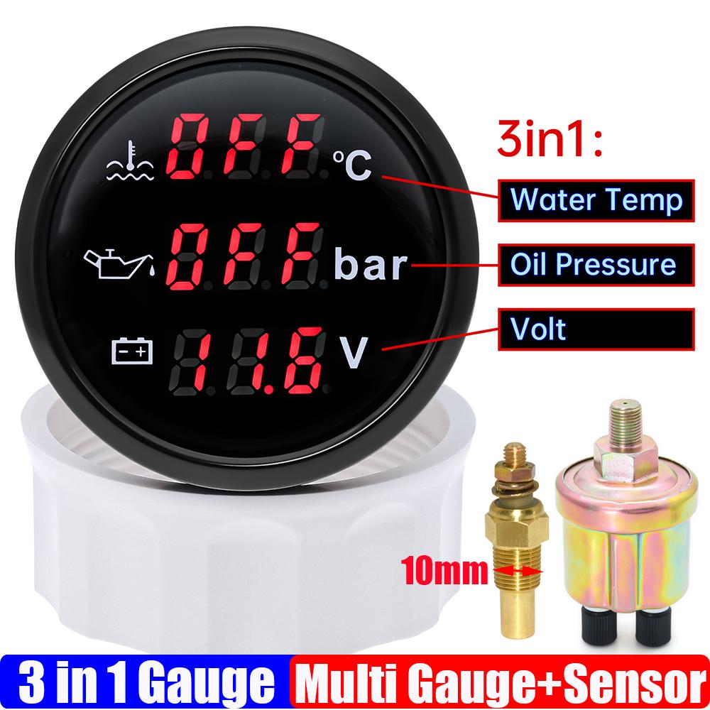 3 In 1 Digital 52mm Gauge with Alarm 0~120℃ Water Temperature Gauge+Oil Pressure+Voltage with Oil Press/Water Temp Sensor