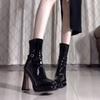 Sweet Cool Spice Style Black Patent Leather Side Zipper Boots Skinny Square Head Button Sexy High Heel Boots