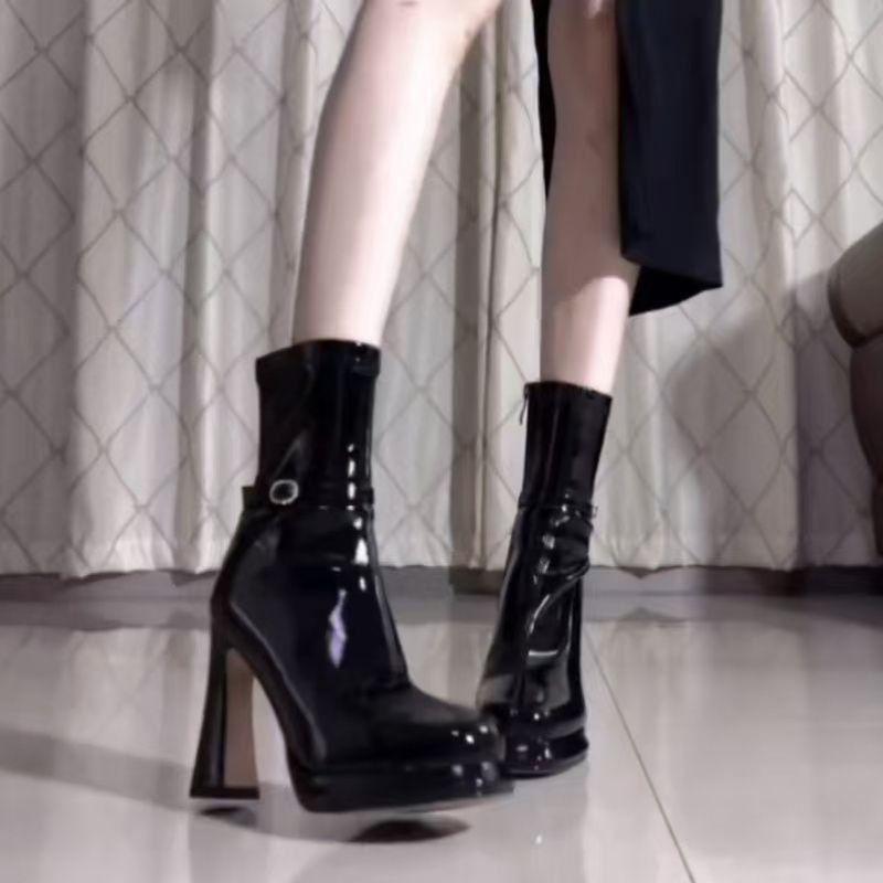 Sweet Cool Spice Style Black Patent Leather Side Zipper Boots Skinny Square Head Button Sexy High Heel Boots