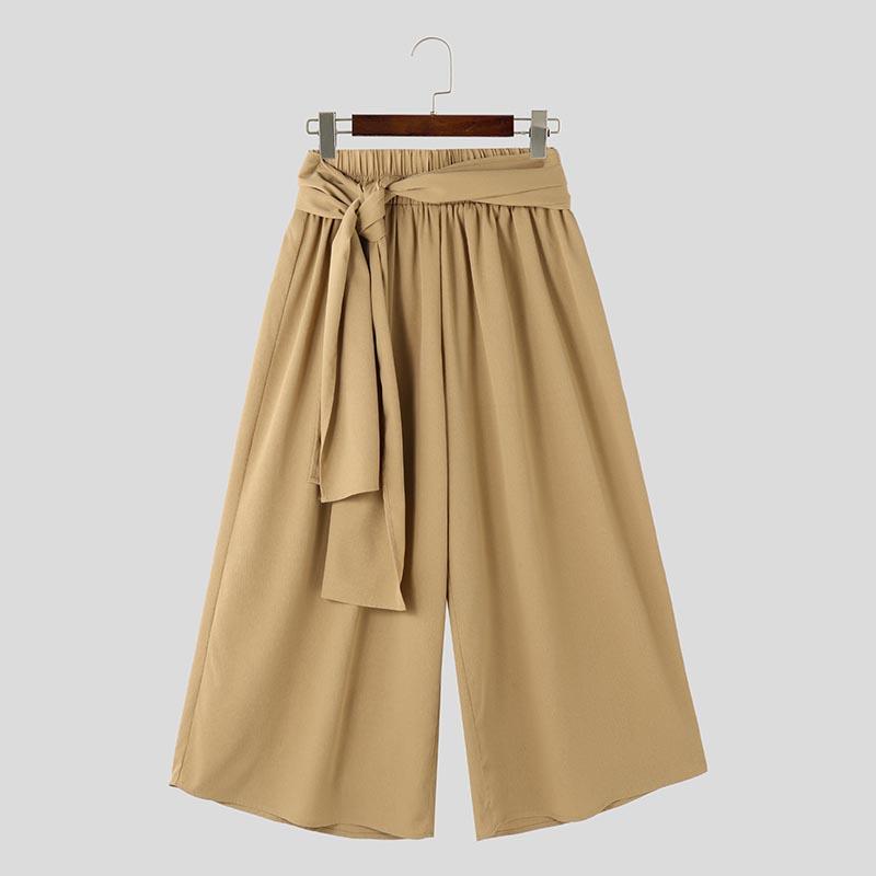 

INCERUN Men Elastic Waist Belt Solid Color Casual Loose Irregular Wide Legs Pants S