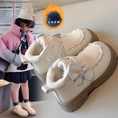 Children's Warm Big Cotton Shoes Girl Martin Boots Velvet Princess Wind Autumn and Winter New Girls Leather Snow Boots Korean Version
