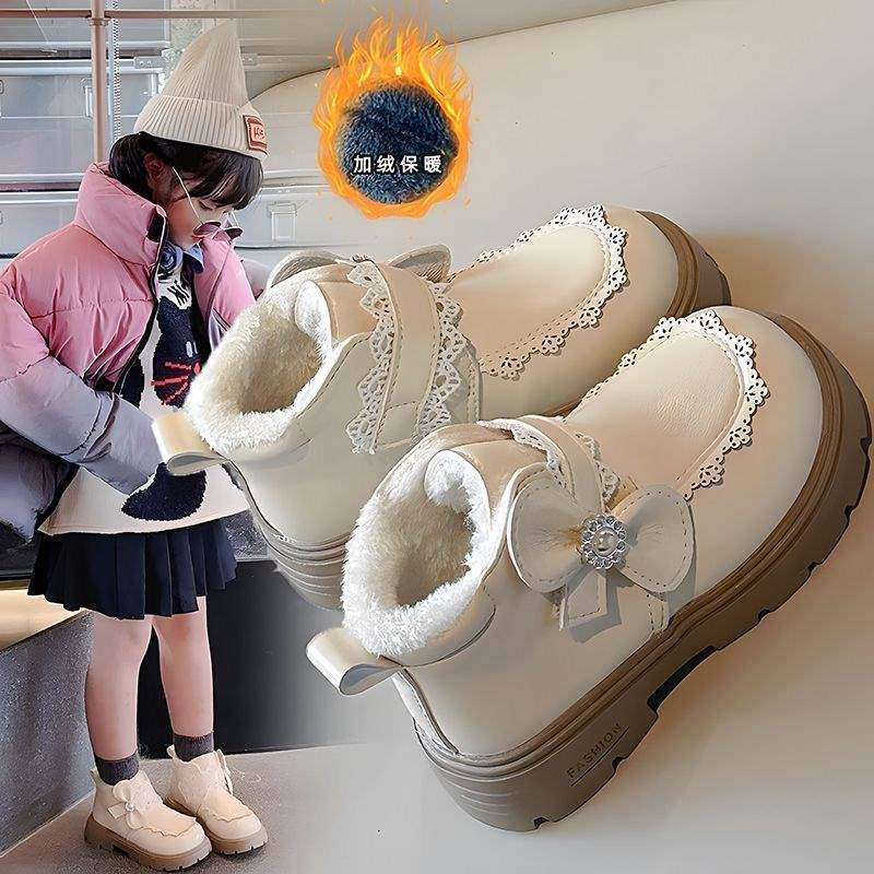 Children's Warm Big Cotton Shoes Girl Martin Boots Velvet Princess Wind Autumn and Winter New Girls Leather Snow Boots Korean Version