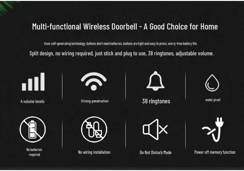 Smart Wireless Self-Powered Doorbell, Long-Range and Waterproof, Ideal for Homes and Elderly Assistance.