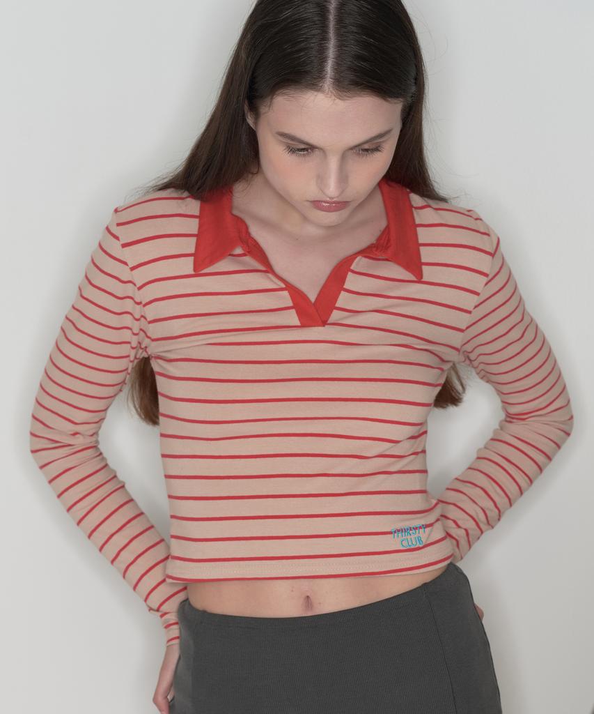 Tteolseutikeulleob Stripe Collar Long Sleeve - Beige