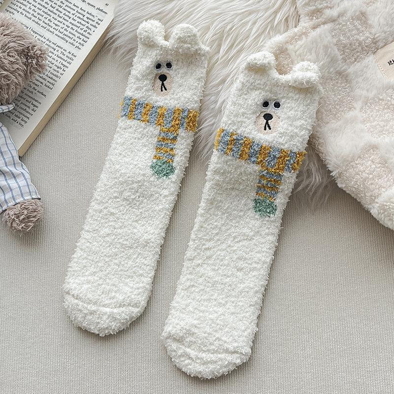Verdickte Korallenfleece-Halbhohe Socken, Warme Lange Socken für Herbst und Winter, Schlafsocken und Niedliche Flauschige Haussocken