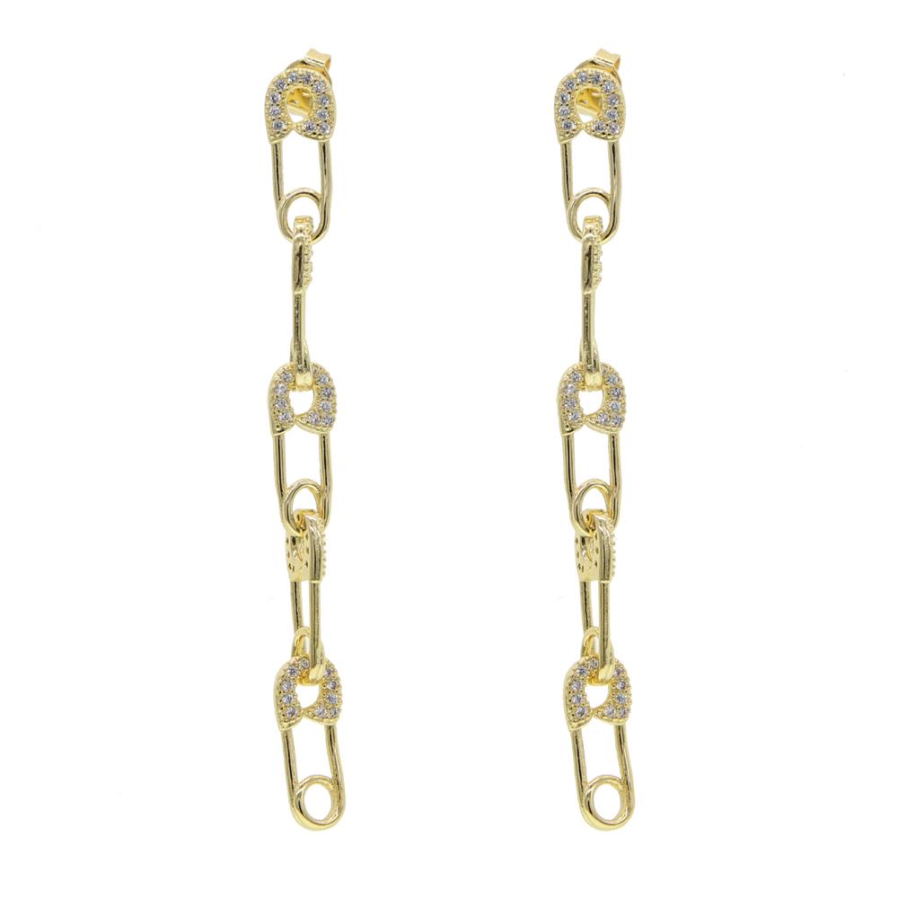 18k Gold Plated Trendy Women Jewelry Clear Cz Long Tassel Safety Pin Dangle Earring