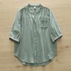 Spring Cotton Yarn Shirt Women Stand Collar Short Sleeve Solid Top Girl Fashion Pocket Retro Blouses Summer