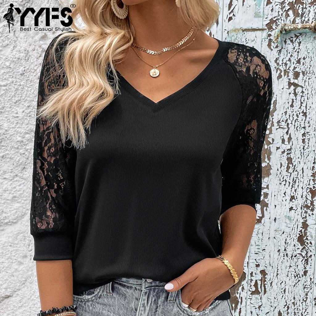 YYFS Women's Fashion Casual Lace Print Long Sleeve V-Neck Blouses & Shirts