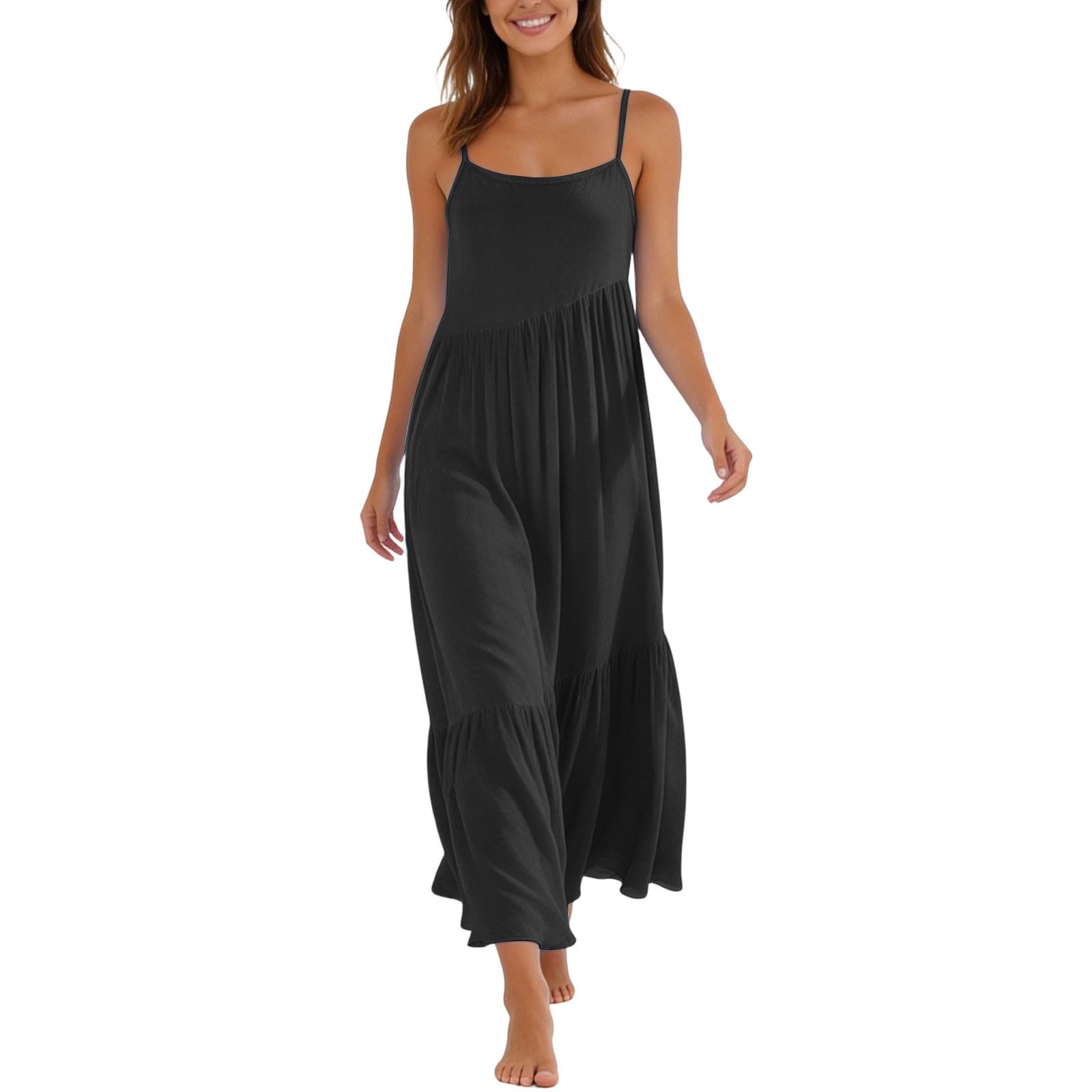 Women s Summer Fashion Patchwork Pleated Sleeveless Dress L чёрный