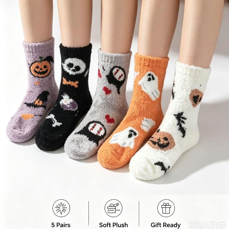 Halloween Coral Velvet Women's Socks Don't Shed Hair Cartoon Warm Middle Socks
