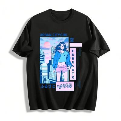 Urban City Girl Anime Style Graphic Tee Casual Streetwear Top Pure Cotton T-shirt