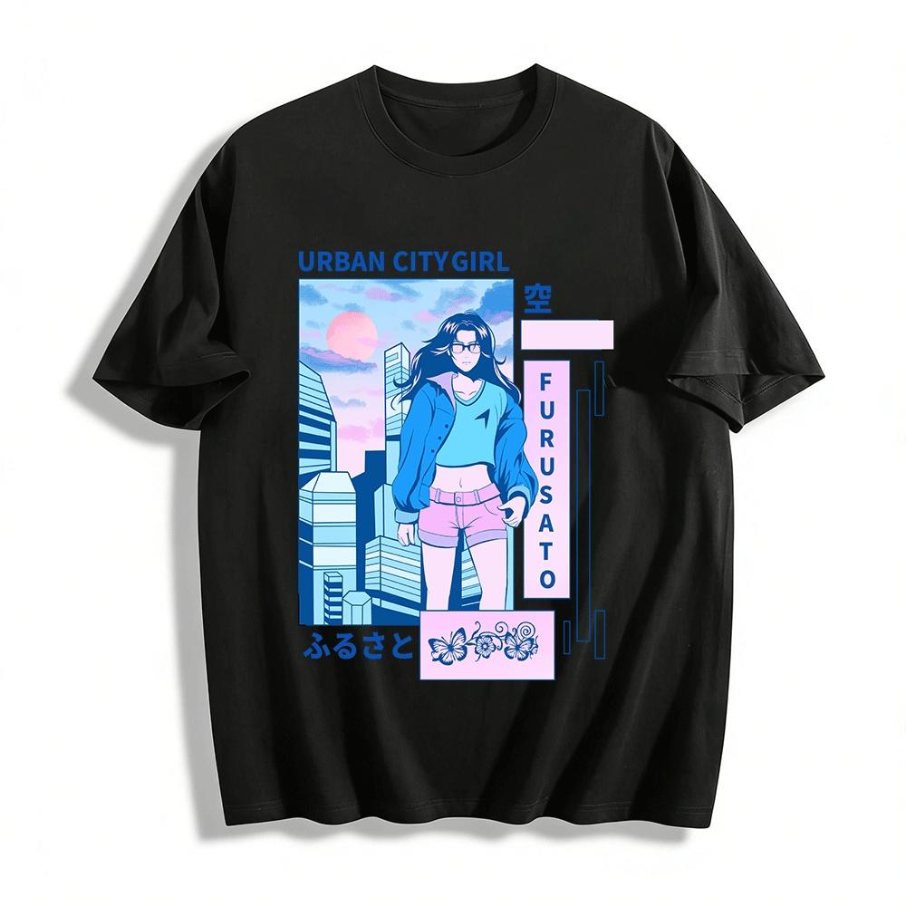 Urban City Girl Anime Style Graphic Tee Casual Streetwear Top Pure cotton T-shirt XXS