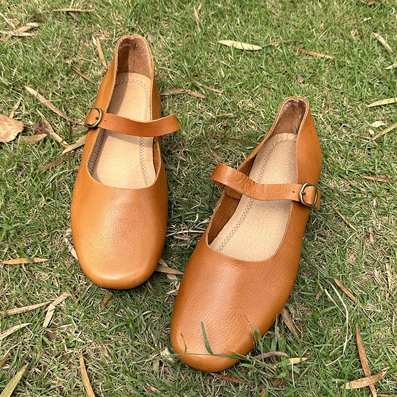 Niche Mori Shallow Mouth Single Shoes 2026 Spring One-word Buckle Flat-soled Women's Shoes Leather Casual Mary Jane Women's Shoes