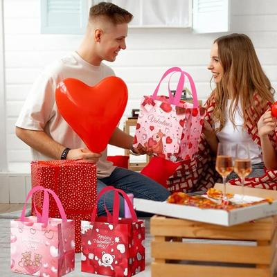 12-24PCS Reusable Valentines Gift Bag Non Woven Fabric Pink Heart  Handle Tote Foldable for Party Wedding Birthday Packaging