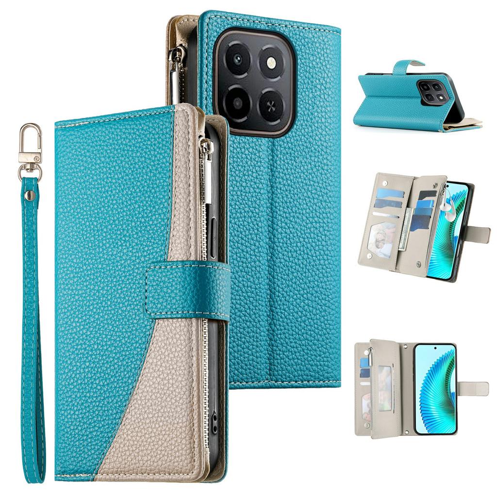 For Honor X6c 4G/X5b/X5b Plus Case Zipper Wallet Color Splicing Leather Flip Phone Cover with Straps