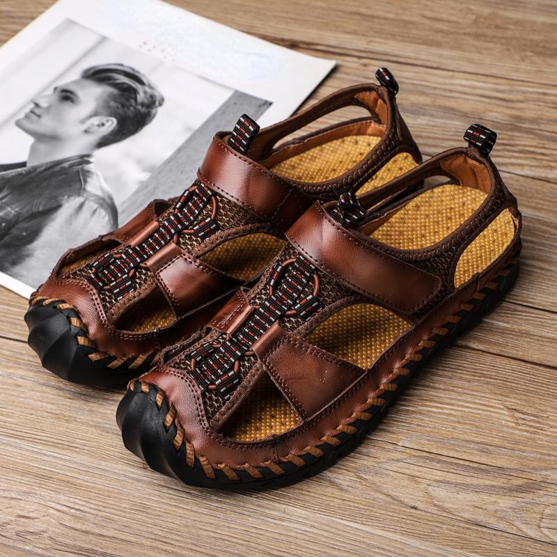 

Летние мужские сандалии из натуральной кожи, кожаные сандалии ручной работы, походная уличная пляжная обувь, модные и кожаные сандалии для отдыха 48 темно-коричневого