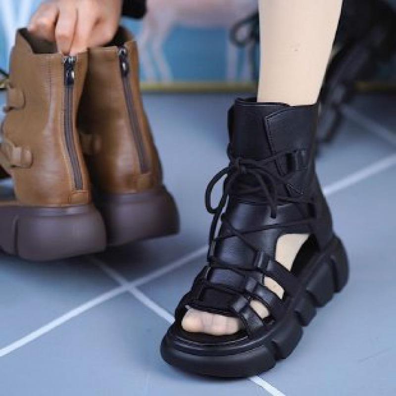 Fashion Hole Shoes Muffin and Fish Mouth Cool Boots Summer New Women's Straps British Style High-top Thick-soled Roman Sandals