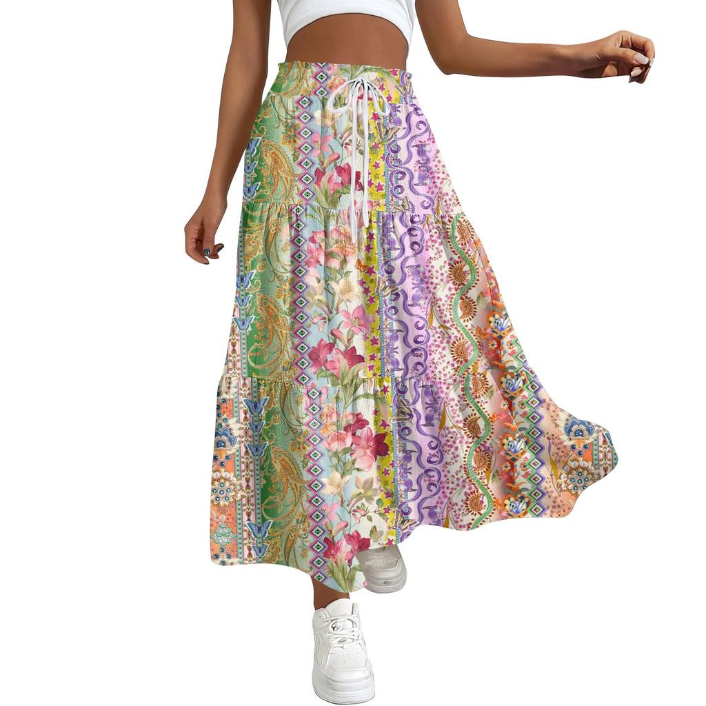 Women's Ruffled Spring Casual Long Skirt Plain Color Skirt Retro Pleated Skirt