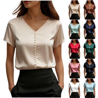 Women's Short-sleeved Satin  Color Top, Elegant Summer V-neck Pearl Button Blouse, Casual Formal Top,