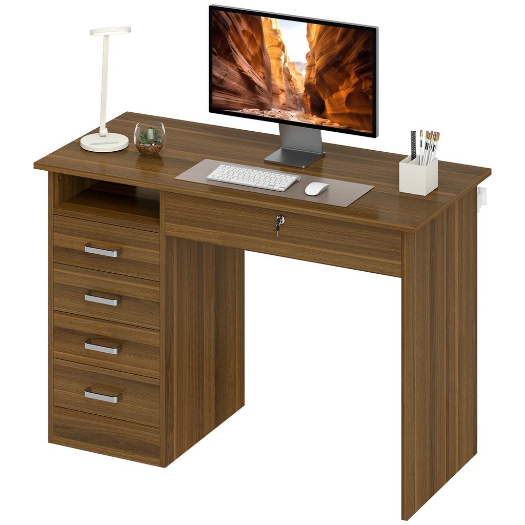 Computer Desk, 5 Drawers, 110 x 50 cm, Open Shelf, Lockable Drawer, Walnut