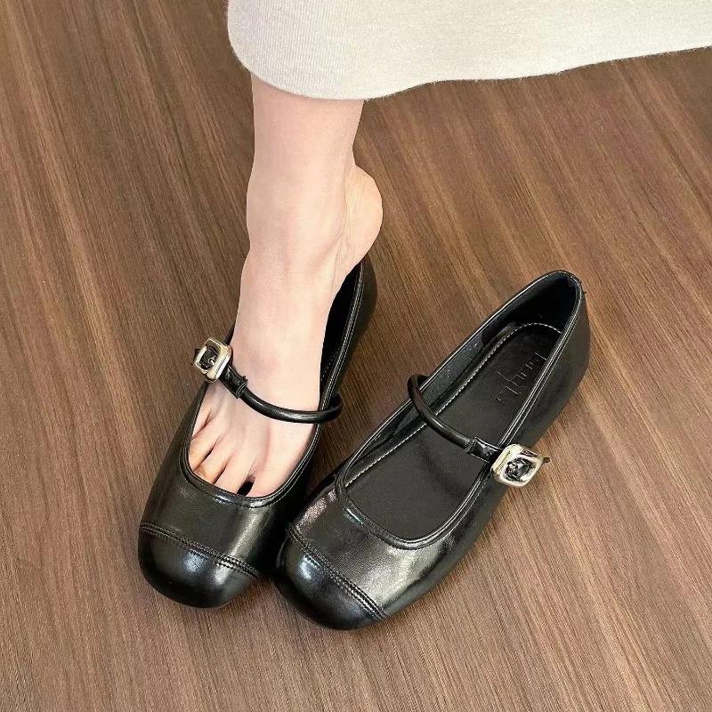 Women's Shoes 2024 Hot Sale One-word Buckle Spring Mary Jane Women's Flats Round Toe Solid Shallow Mouth Cute Dress Loafers