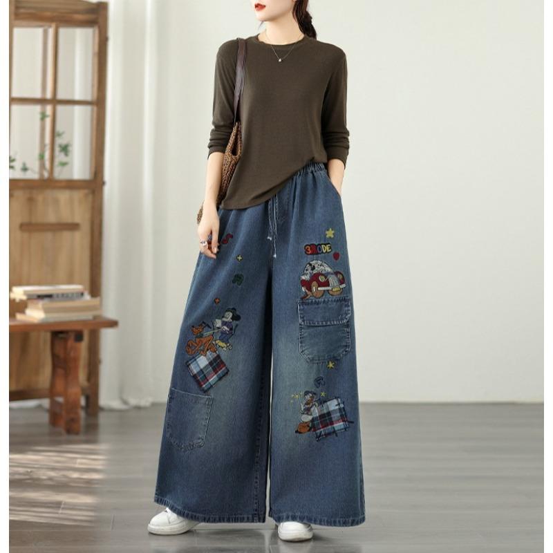 DIMANAF 2025 Plus Size Autumn Jeans New Long Pants Women Embroidery Denim Trousers Big Size Casual Loose