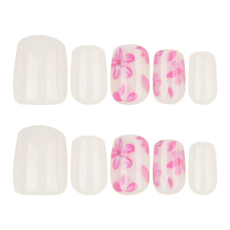 30 Pcs Glossy Full Cover False Nail Short Square Press On Nail Pink Flowers Stick on Nail Solid Color Acrylic Nail